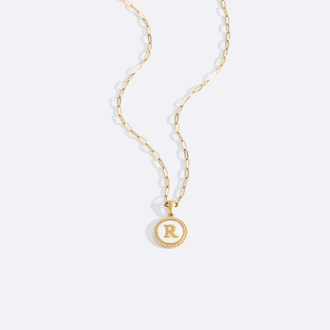 Mother of Pearl Disc Letter Necklace with Paperclip Chain - Image 22