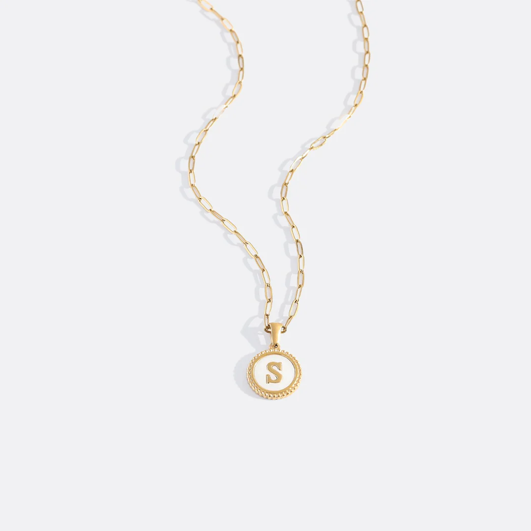 Mother of Pearl Disc Letter Necklace with Paperclip Chain - Image 23