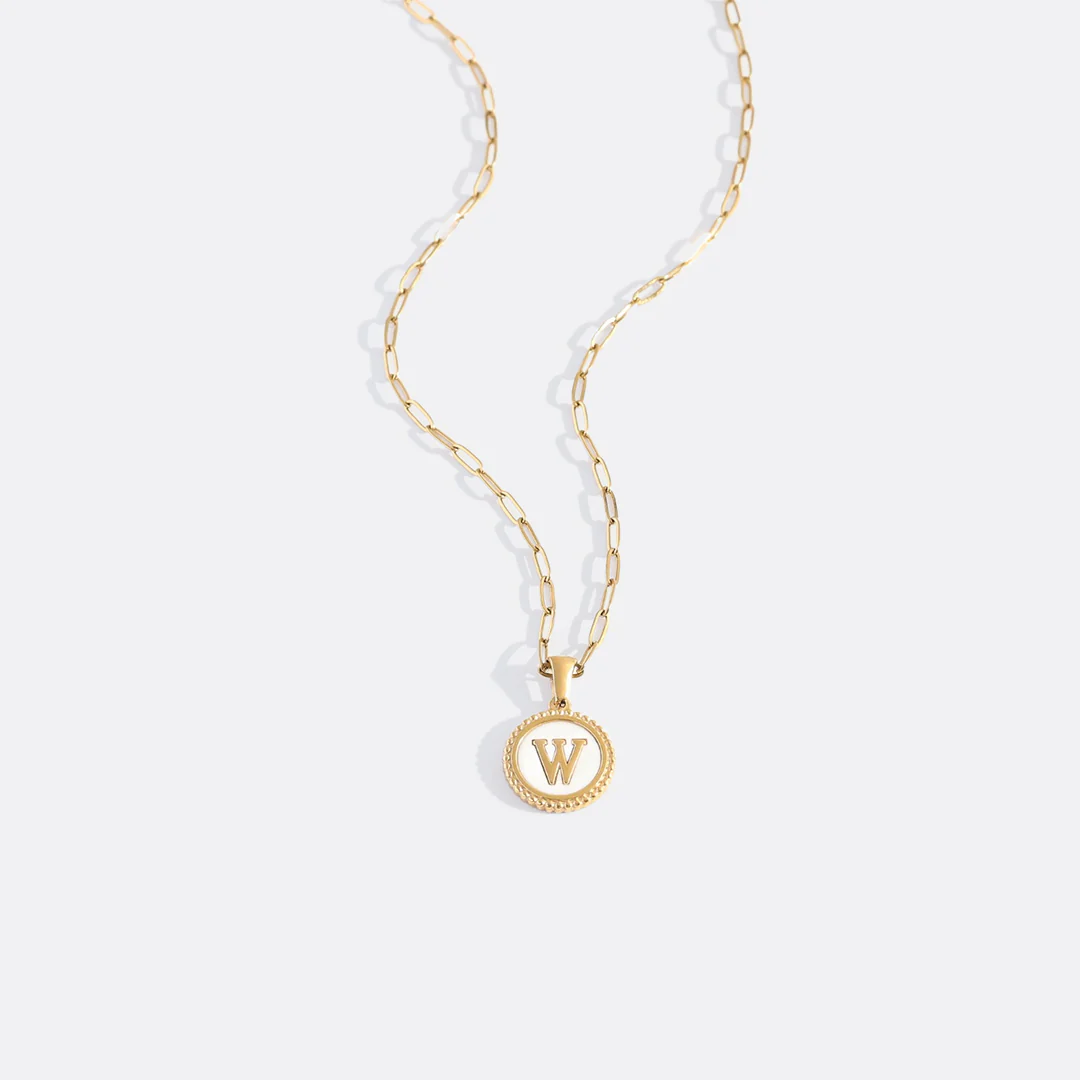 Mother of Pearl Disc Letter Necklace with Paperclip Chain - Image 27