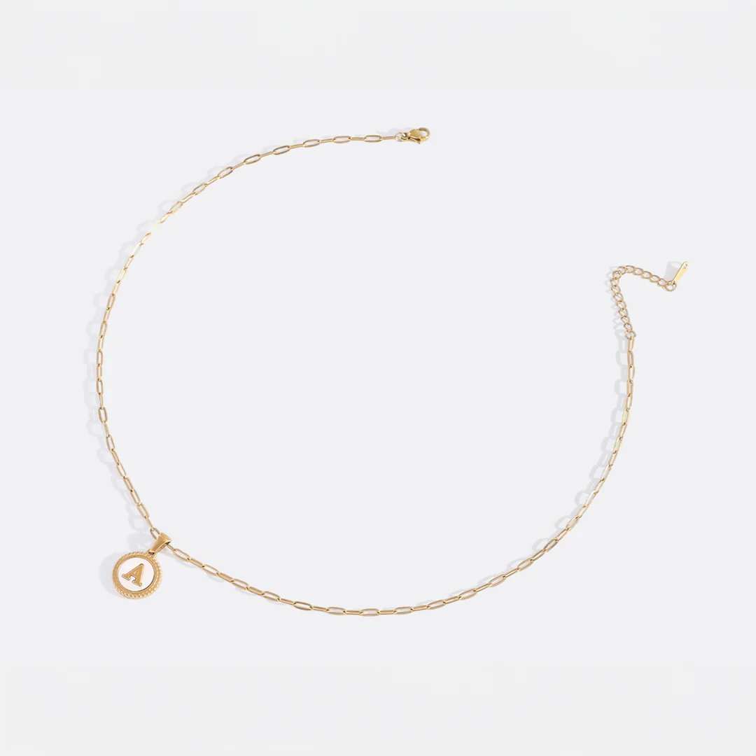Mother of Pearl Disc Letter Necklace with Paperclip Chain - Image 31