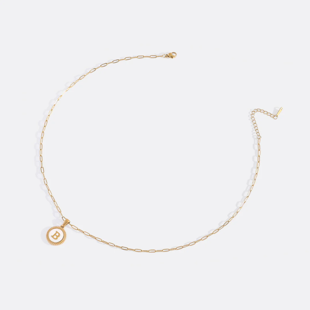 Mother of Pearl Disc Letter Necklace with Paperclip Chain - Image 32