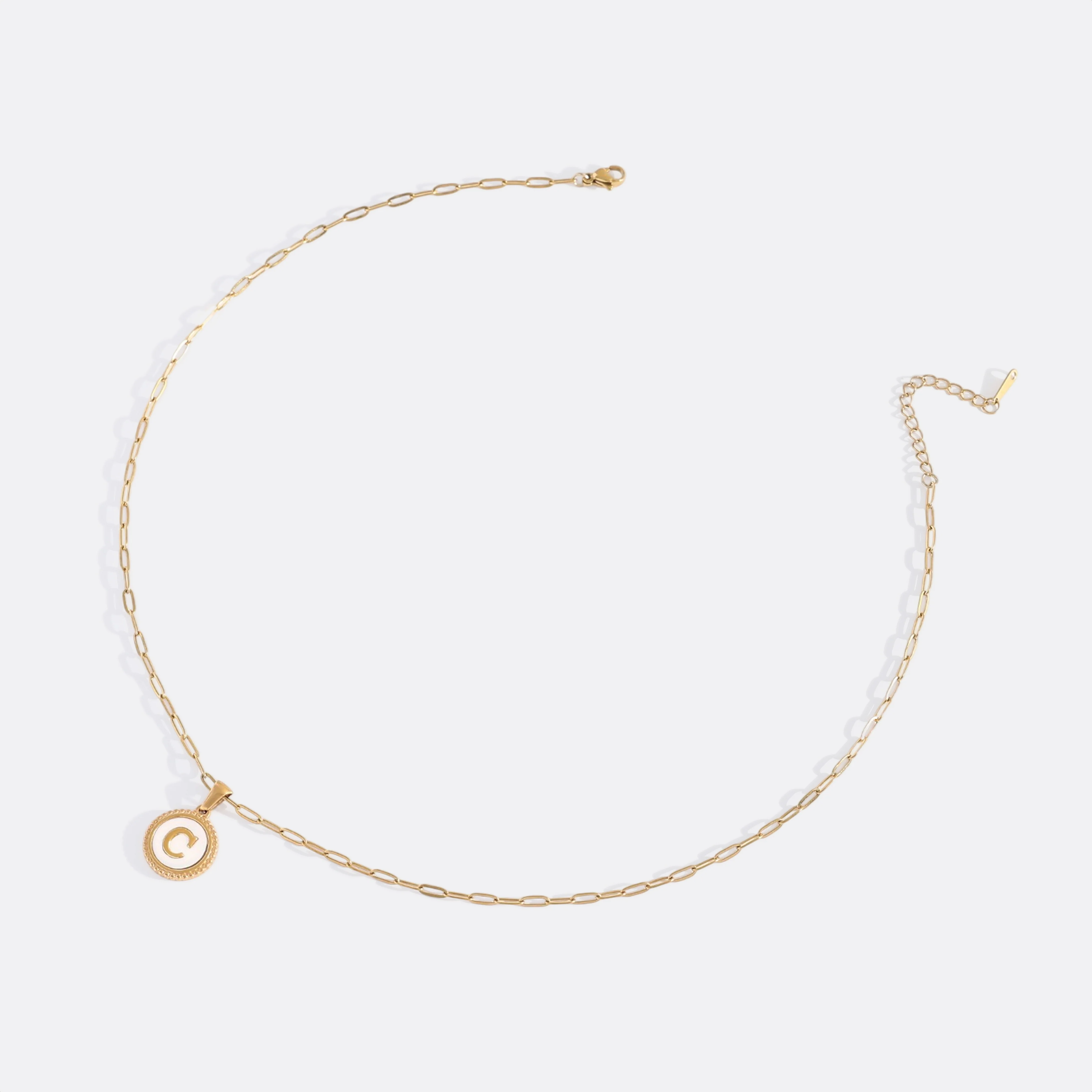 Mother of Pearl Disc Letter Necklace with Paperclip Chain - Image 33