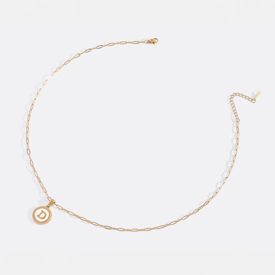 Mother of Pearl Disc Letter Necklace with Paperclip Chain - Image 34