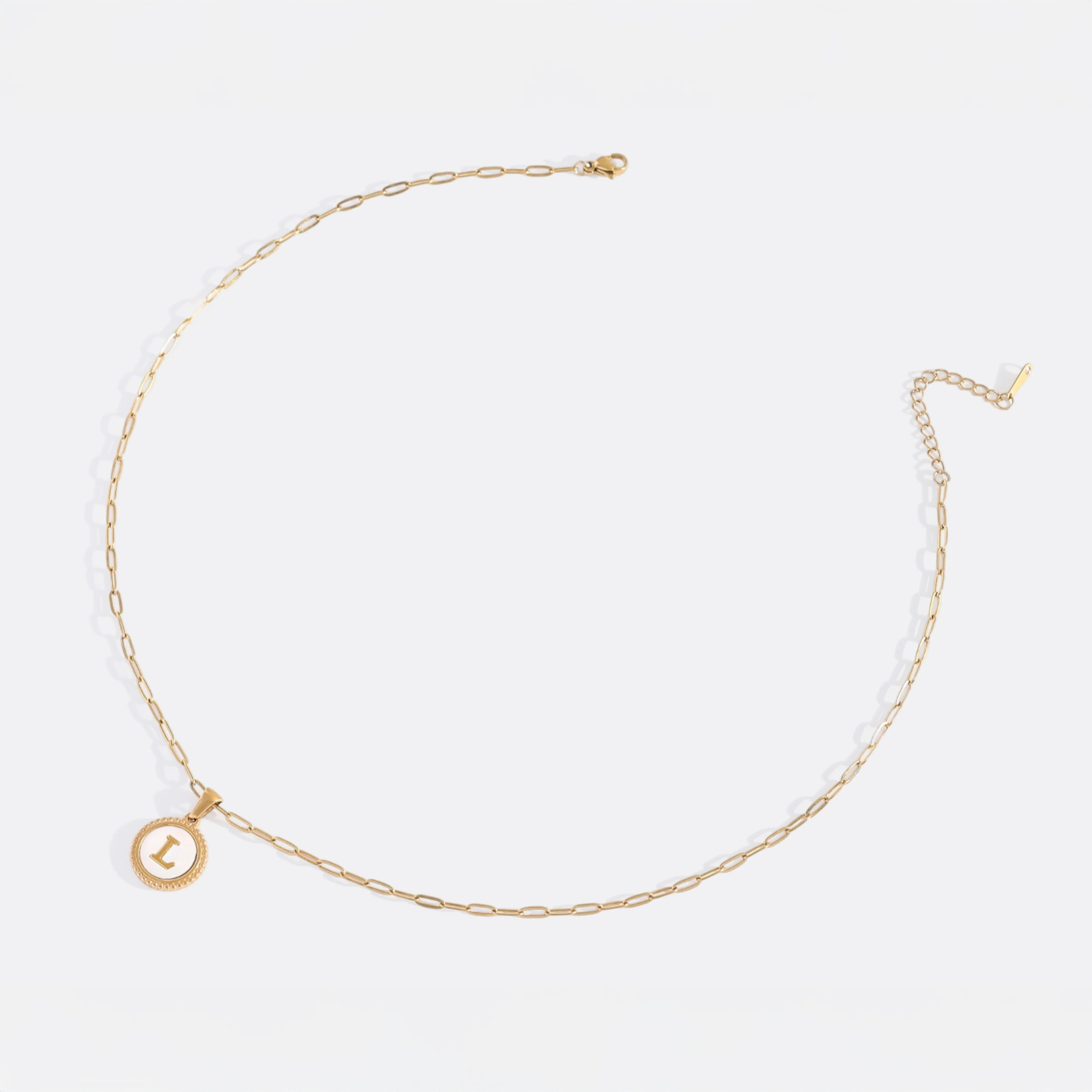 Mother of Pearl Disc Letter Necklace with Paperclip Chain - Image 42