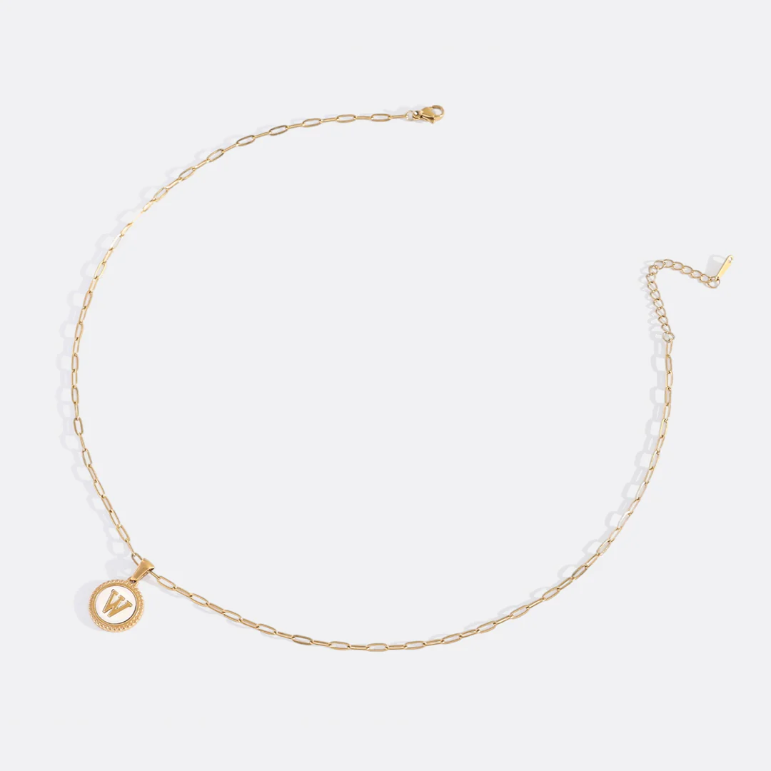 Mother of Pearl Disc Letter Necklace with Paperclip Chain - Image 53