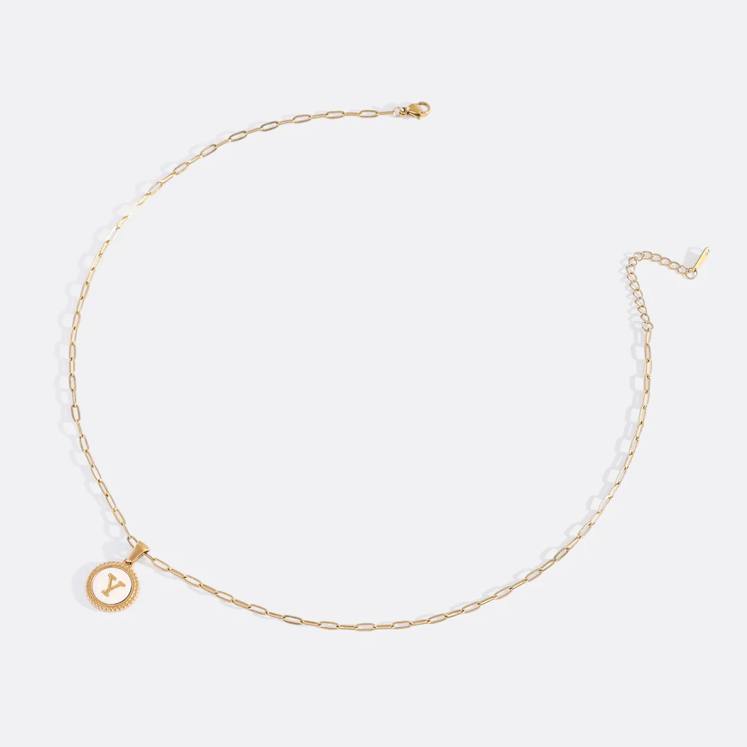 Mother of Pearl Disc Letter Necklace with Paperclip Chain - Image 55