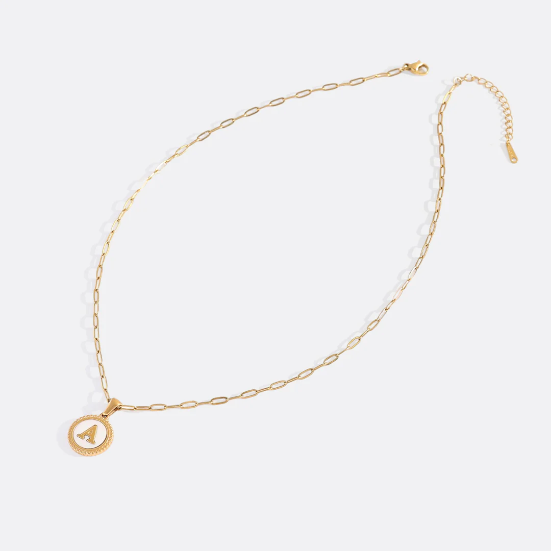 Mother of Pearl Disc Letter Necklace with Paperclip Chain - Image 57