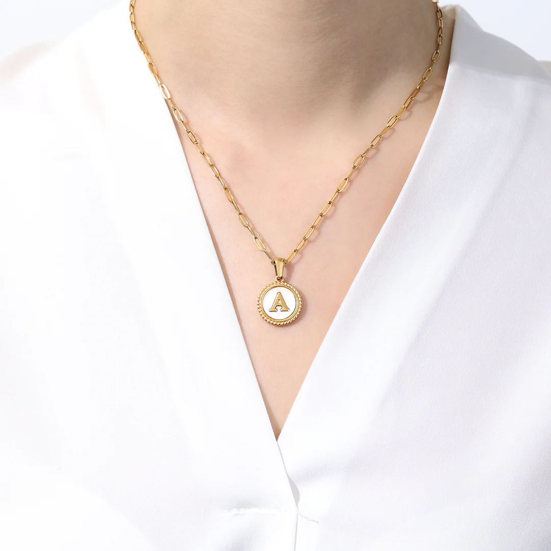 Mother of Pearl Disc Letter Necklace with Paperclip Chain - Image 58