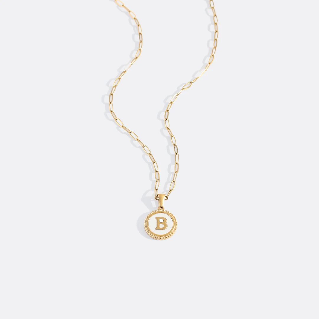 Mother of Pearl Disc Letter Necklace with Paperclip Chain - Image 6