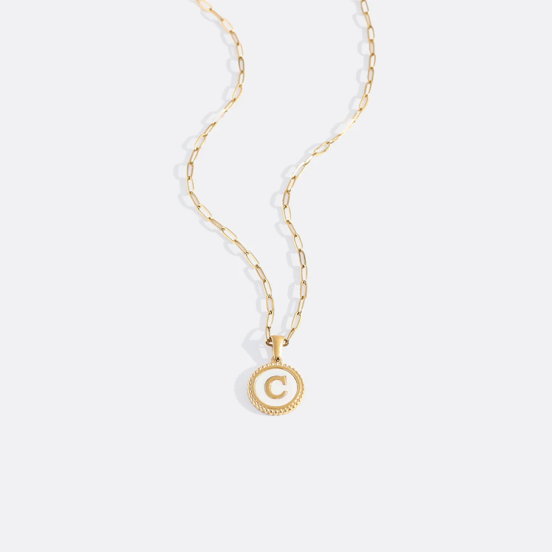 Mother of Pearl Disc Letter Necklace with Paperclip Chain - Image 7
