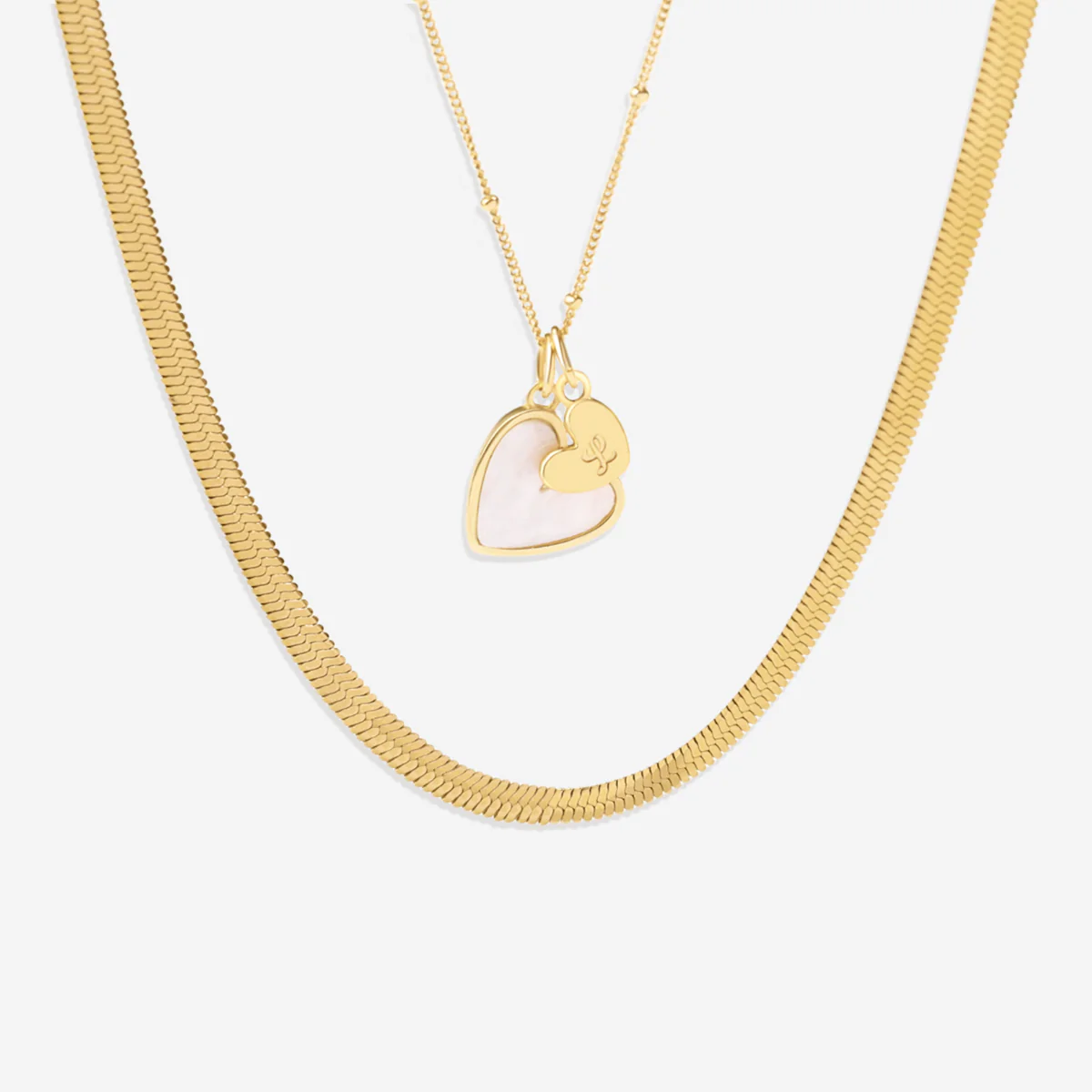 Mother Of Pearl Initial Heart & Herringbone Necklace Set - Image 10