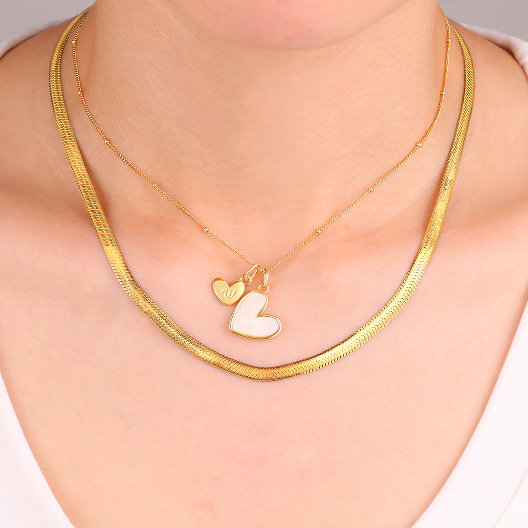 Mother Of Pearl Initial Heart & Herringbone Necklace Set - Image 12