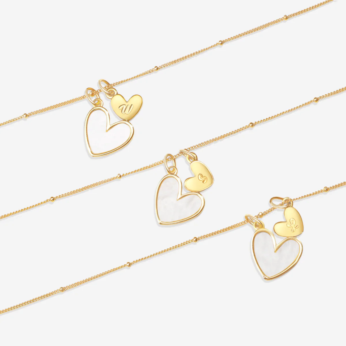Mother Of Pearl Initial Heart & Herringbone Necklace Set - Image 8