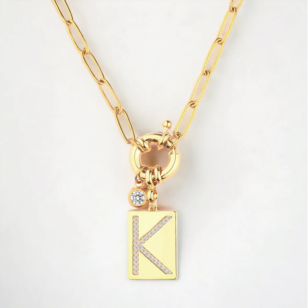 Pave Initial Pendant Necklace with Paperclip Chain - Image 10
