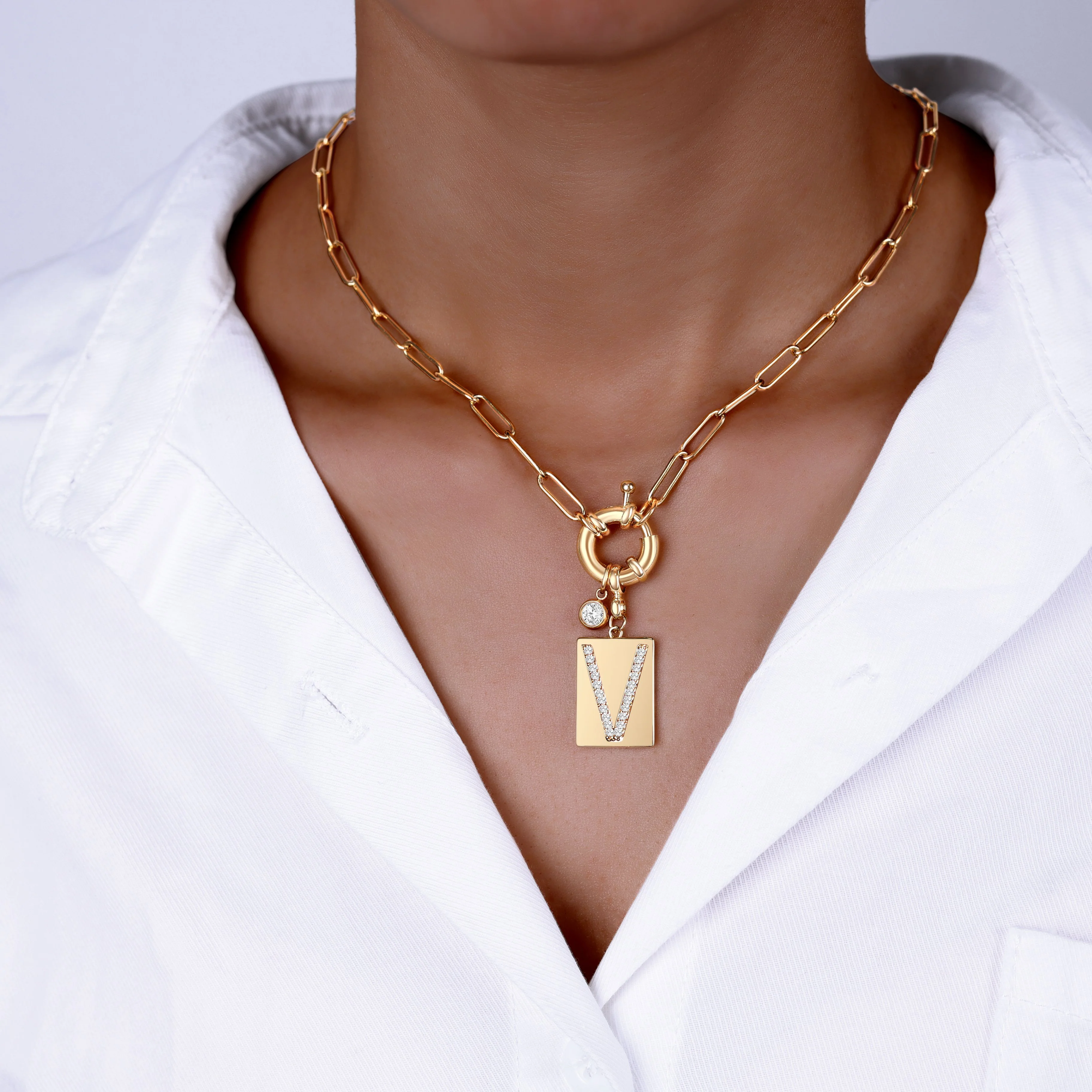 Pave Initial Pendant Necklace with Paperclip Chain - Image 44