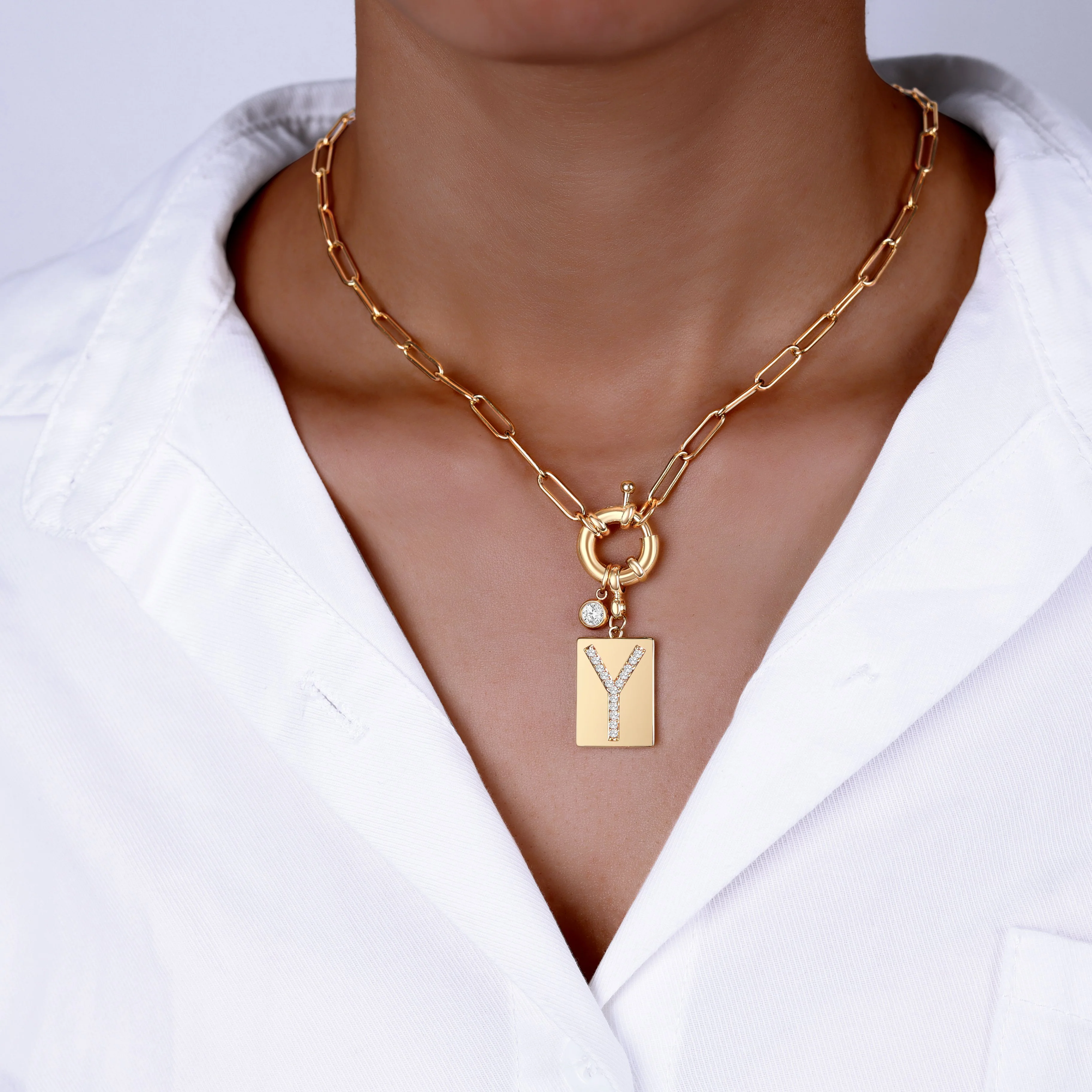 Pave Initial Pendant Necklace with Paperclip Chain - Image 47