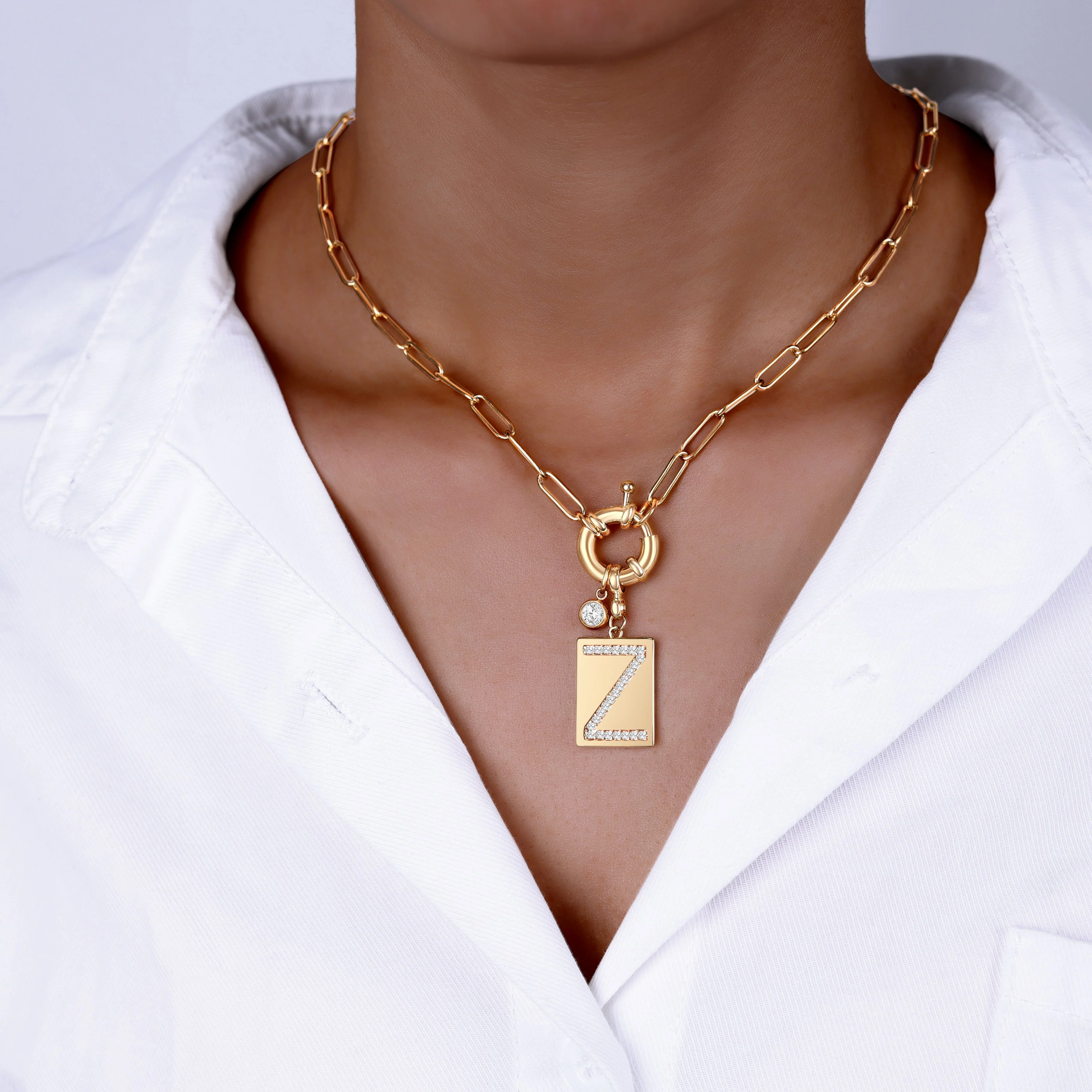 Pave Initial Pendant Necklace with Paperclip Chain - Image 48