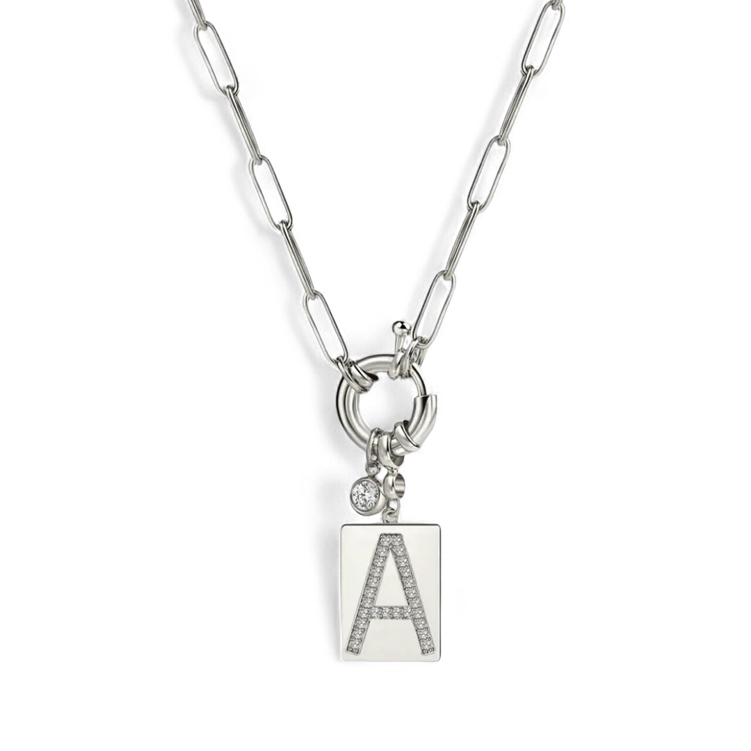 Pave Initial Pendant Necklace with Paperclip Chain - Image 6