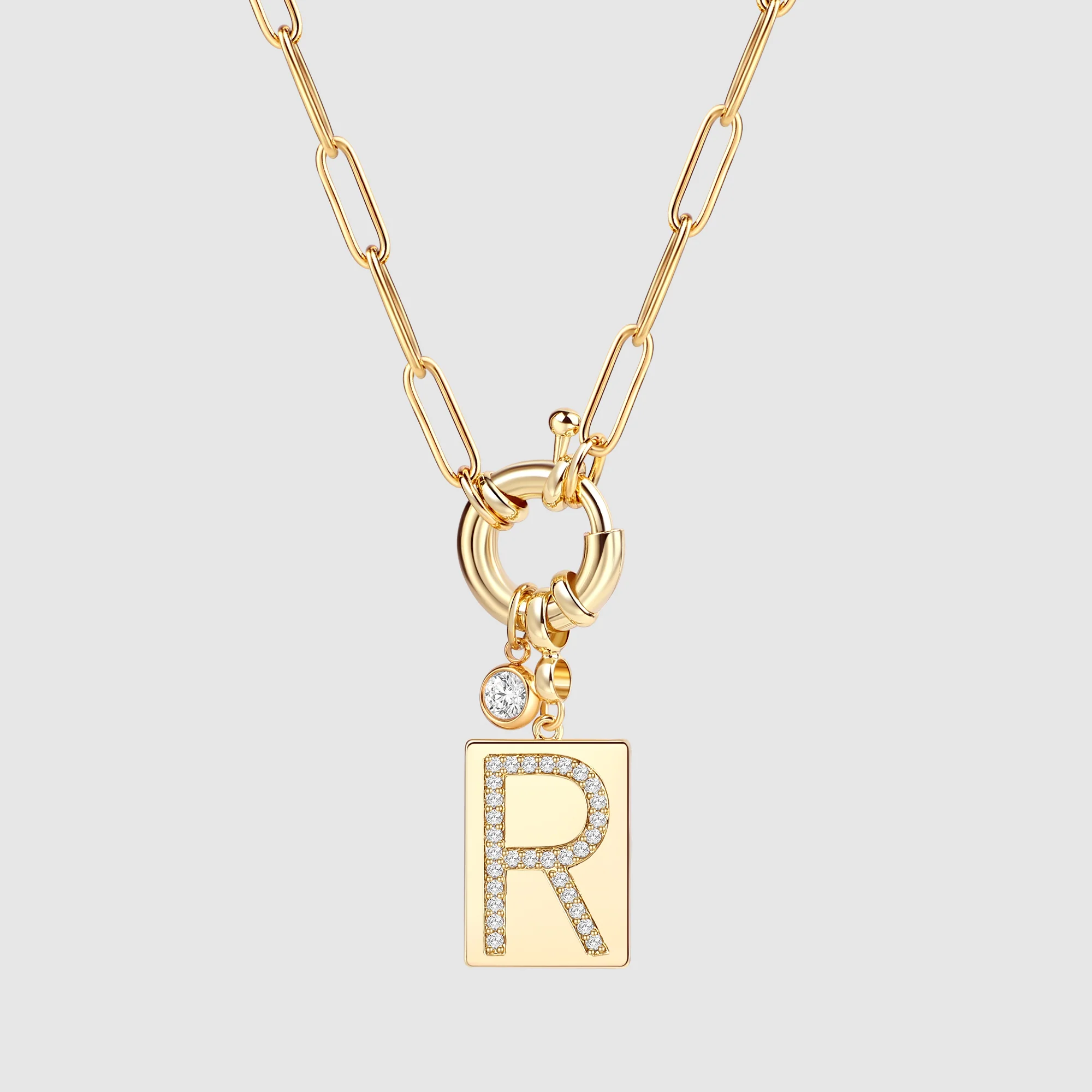 Pave Initial Pendant Necklace with Paperclip Chain - Image 66