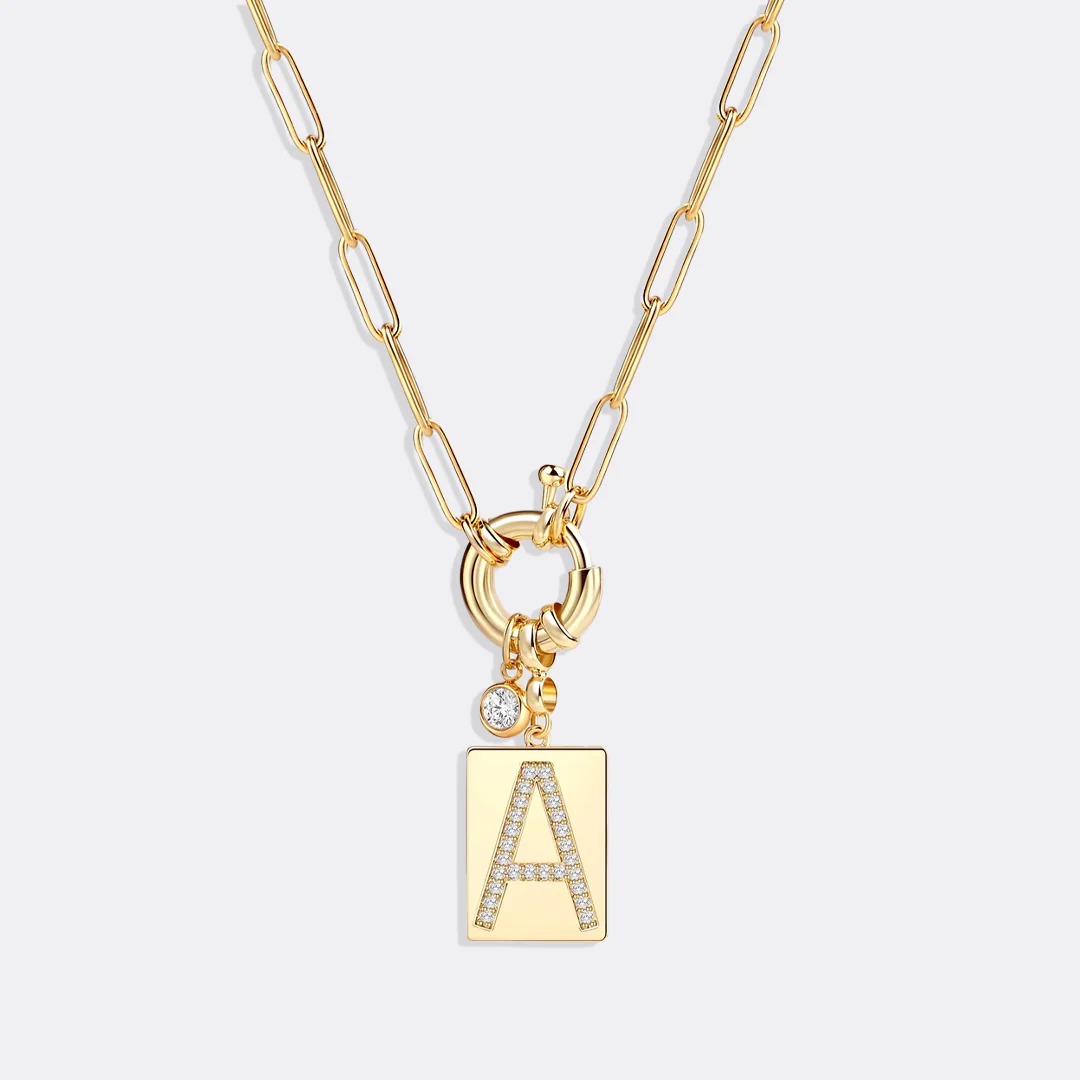 Pave Initial Pendant Necklace with Paperclip Chain - Image 7